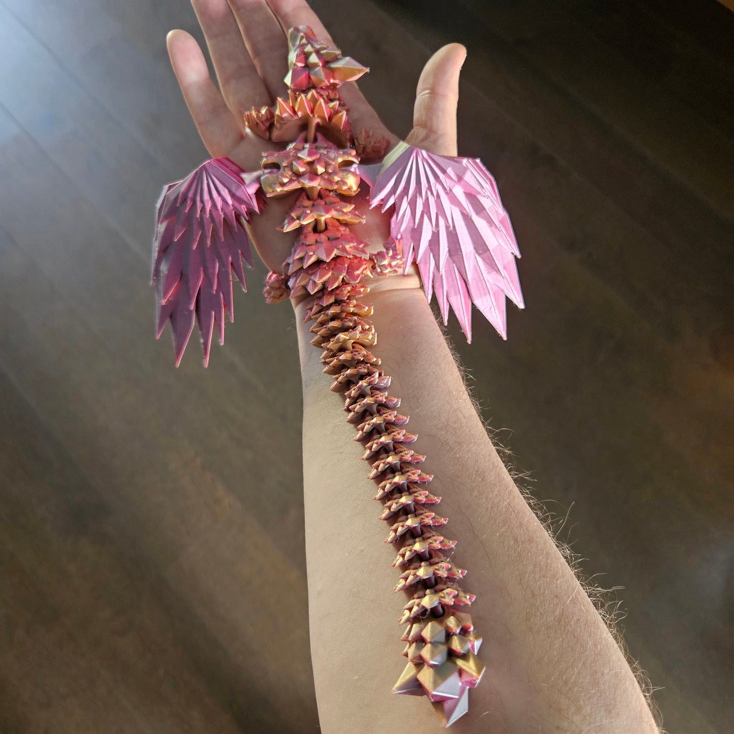 35cm (14") 3D Printed Winged Dragon in Pink, Gold & Orange by Flexymals.co.uk