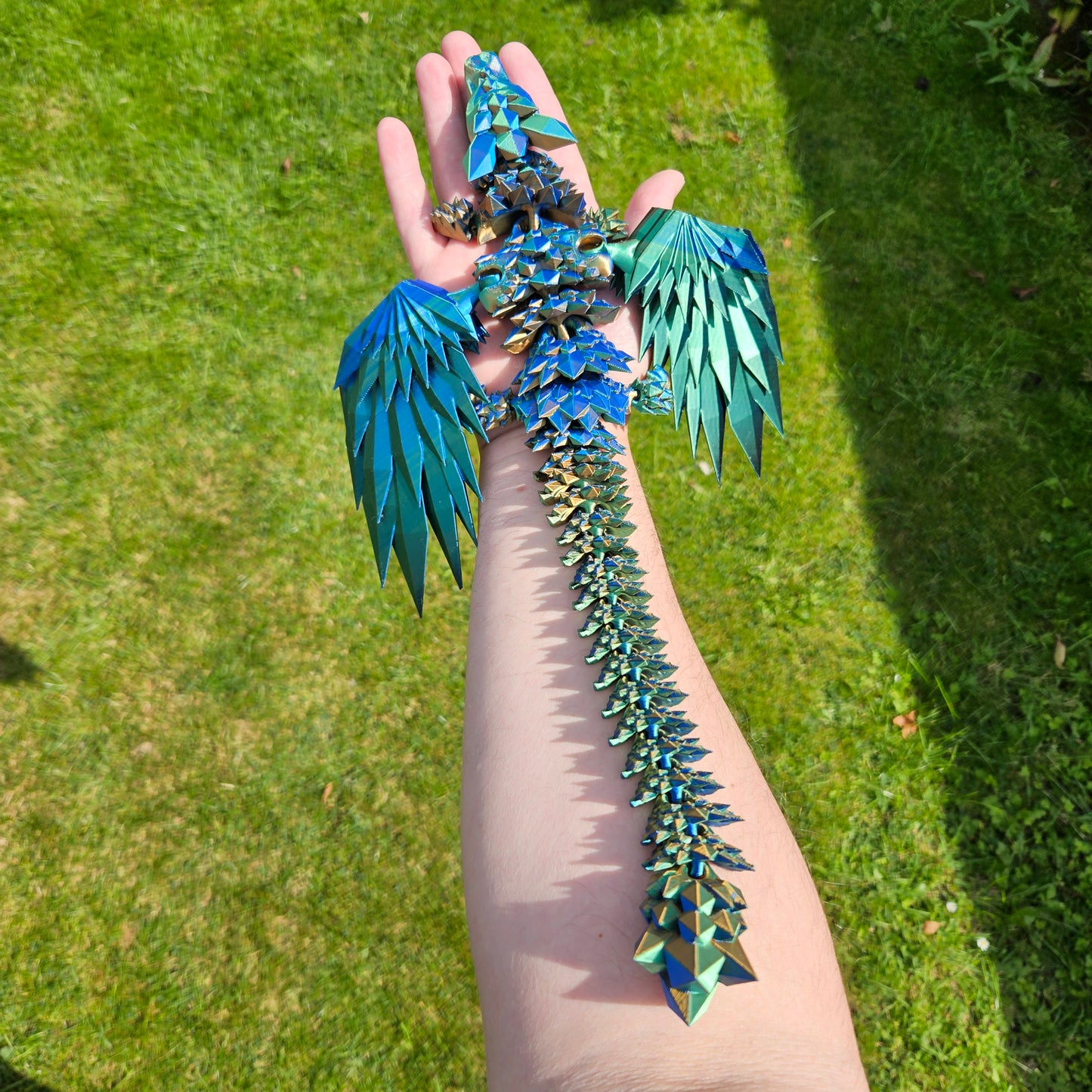 46cm (18") 3D Printed Winged Dragon in Green, Blue & Gold by Flexymals.co.uk