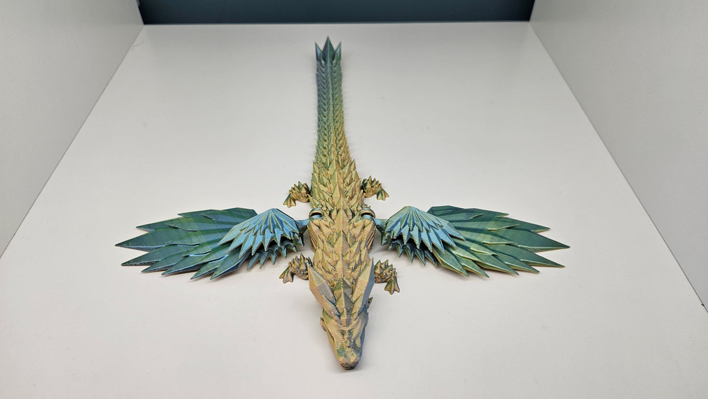 25cm 3D Printed Winged Articulated Dragon - In Gold, Green & Orange by Flexymals.co.uk