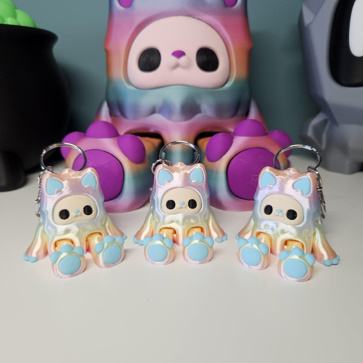 Adorable Yeti Keyring / Key Chain in Candy Rainbow. Articulated Fidget Woobu Koneko