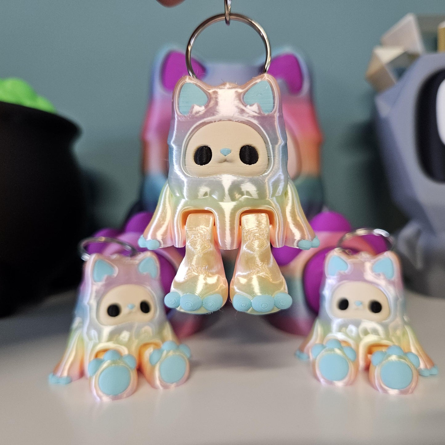 Adorable Yeti Keyring / Key Chain in Candy Rainbow. Articulated Fidget Woobu Koneko