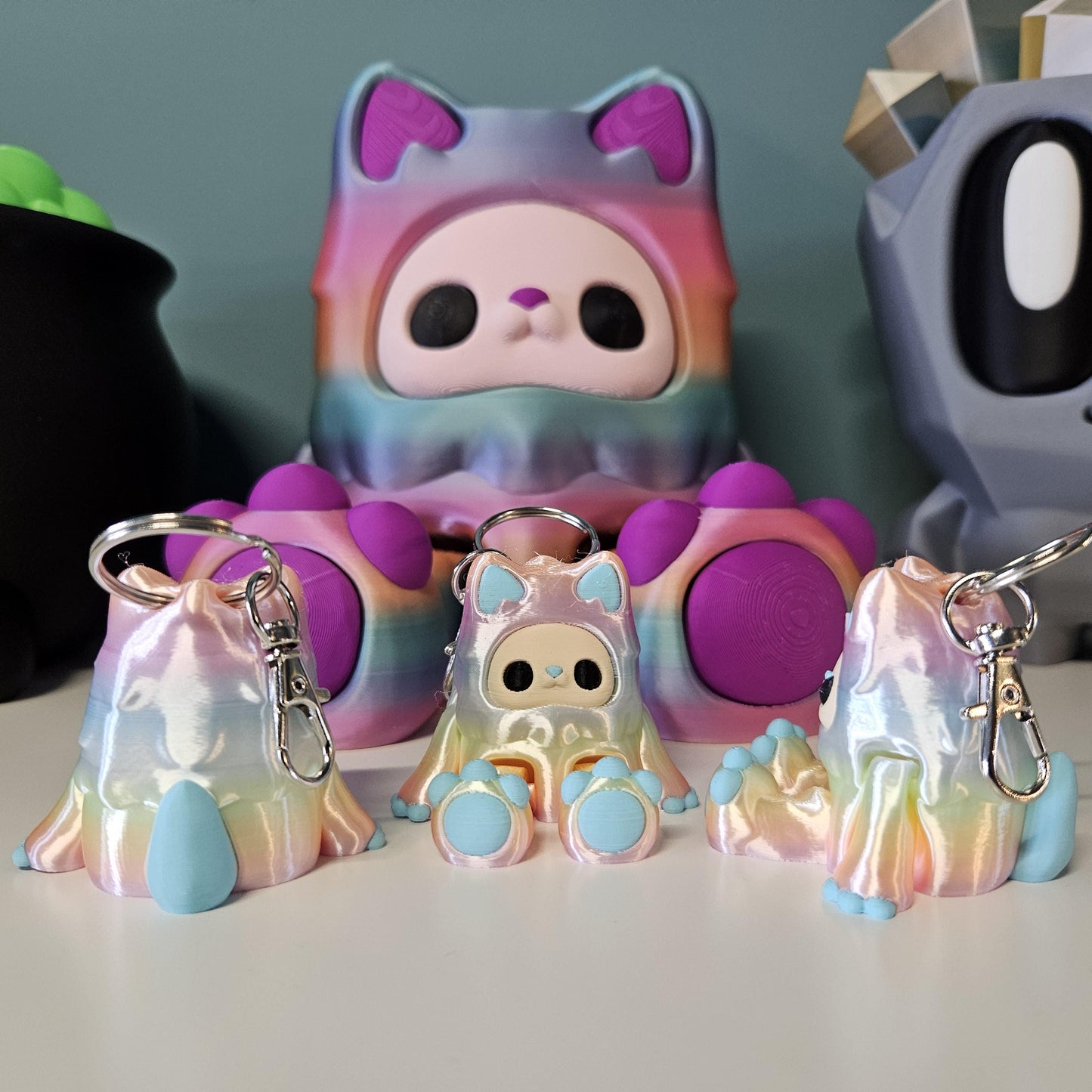 Adorable Yeti Keyring / Key Chain in Candy Rainbow. Articulated Fidget Woobu Koneko