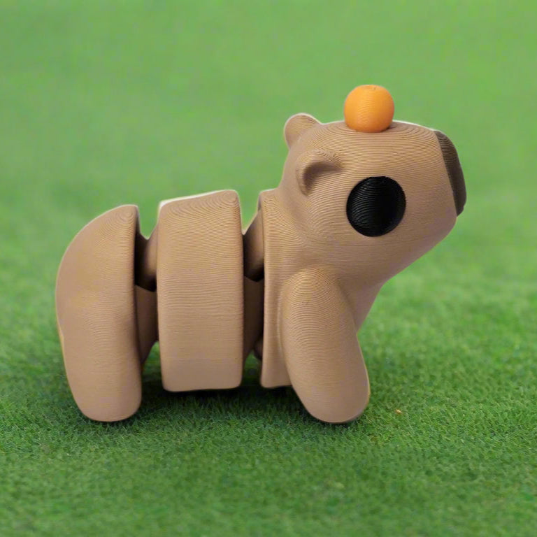Medium Sized Flexible Capybara with Orange on Head in Beige & Brown, Articulated Fidget Animal