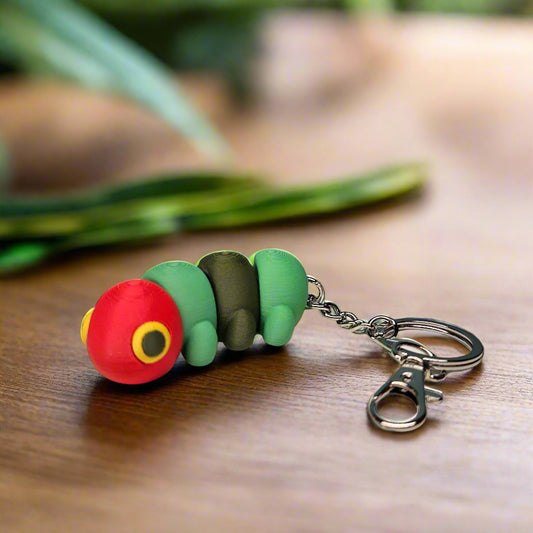 Flexible Caterpillar Keyring / Key Chain in Green & Red. Very Hungry Articulated Fidget Animal