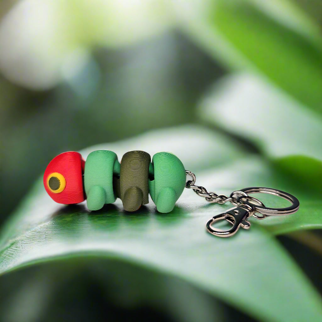 Caterpillar Keyring / Key Chain in Green & Red. Very Hungry by Flexymals.co.uk