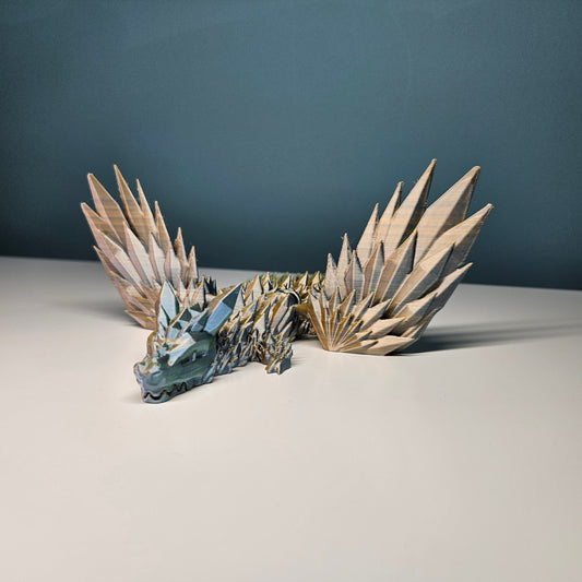 25cm Winged Flexible Crystal Dragon in Tri-Colour Yellow, Blue & Orange. Articulated Dragon.