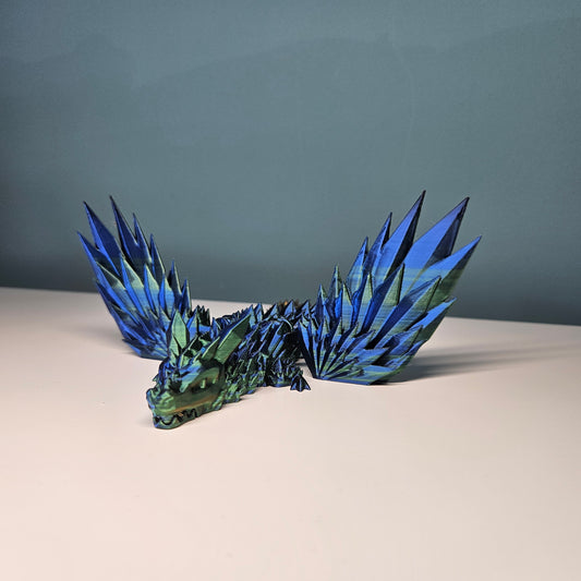 25cm Winged Flexible Crystal Dragon with Wings in Tri-Colour Green, Blue & Gold