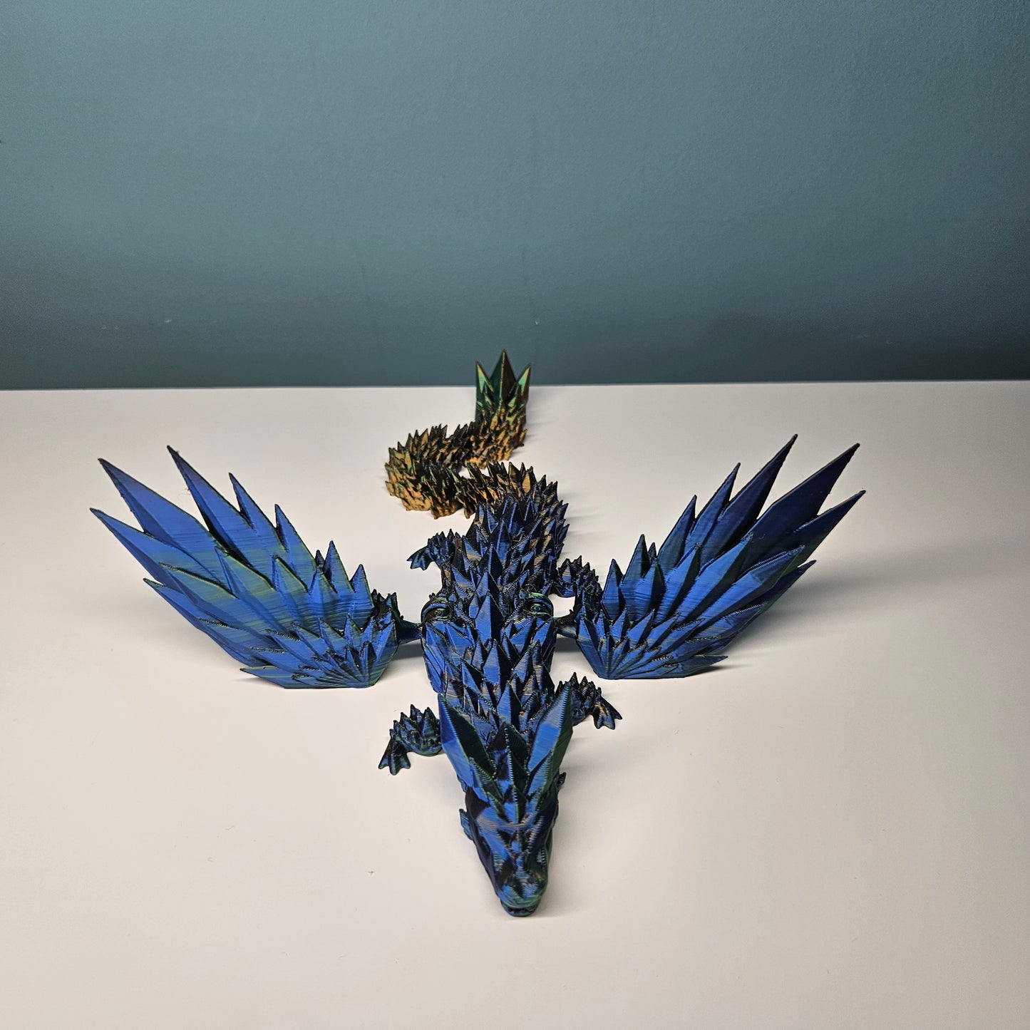 25cm Winged Flexible Crystal Dragon with Wings in Tri-Colour Green, Blue & Gold