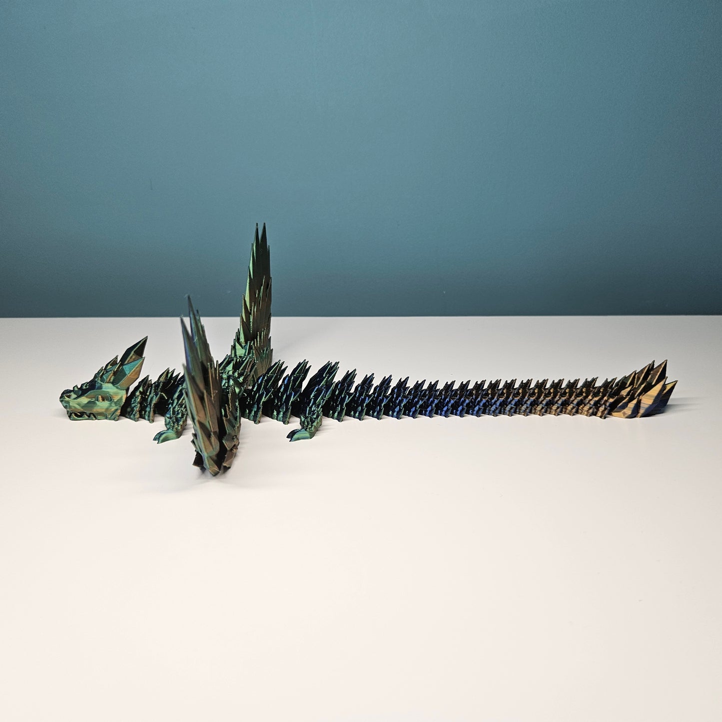 25cm Winged Flexible Crystal Dragon with Wings in Tri-Colour Green, Blue & Gold