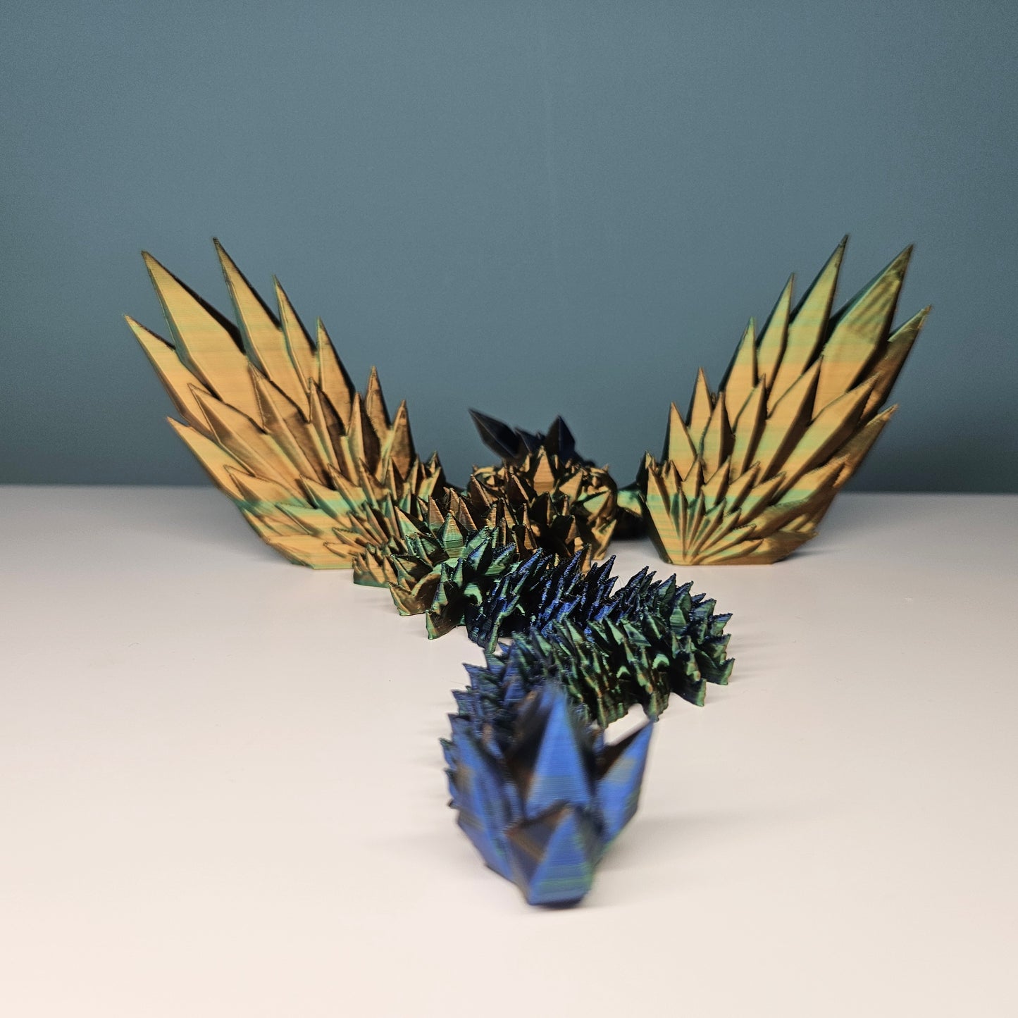 25cm Winged Flexible Crystal Dragon with Wings in Tri-Colour Green, Blue & Gold