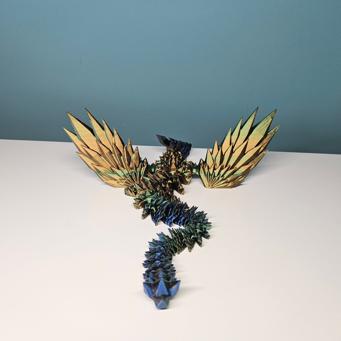 25cm Winged Flexible Crystal Dragon with Wings in Tri-Colour Green, Blue & Gold