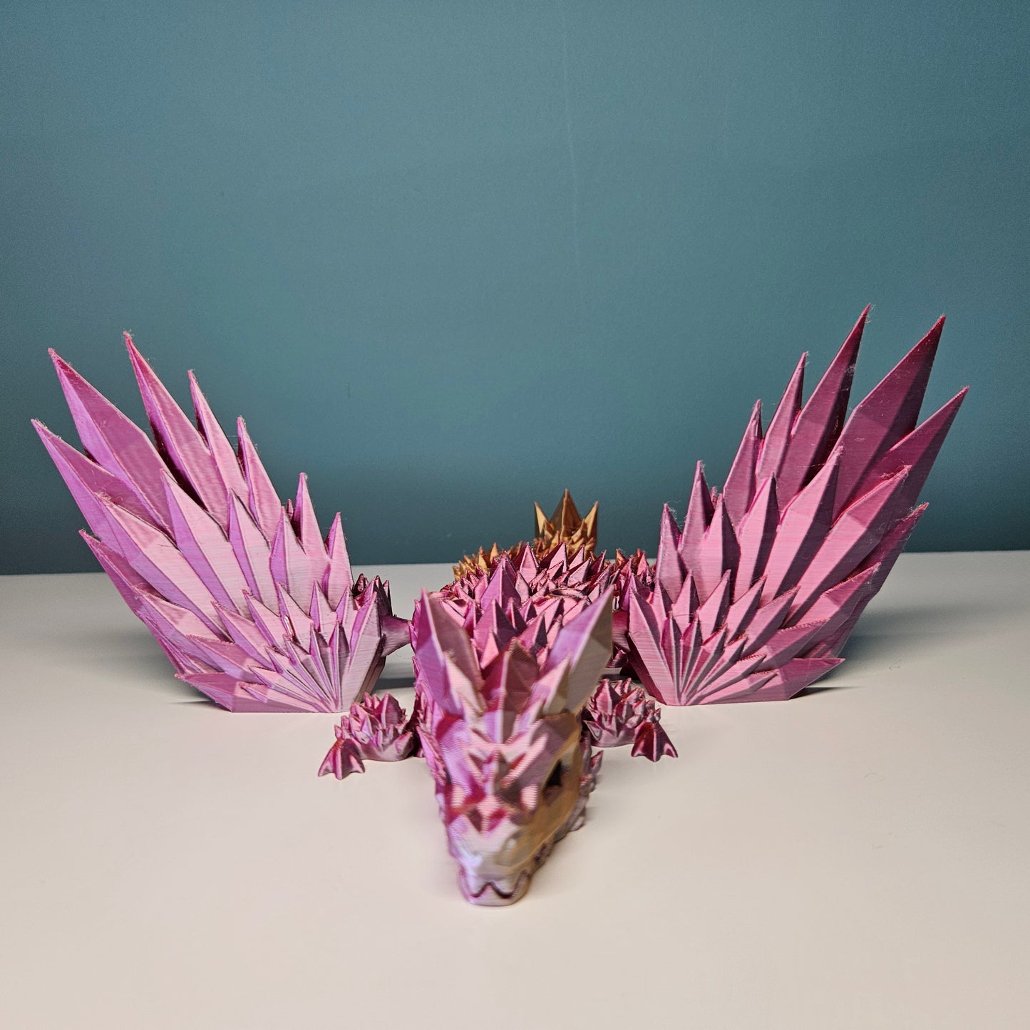 35cm (14") 3D Printed Winged Dragon in Pink, Gold & Orange by Flexymals.co.uk