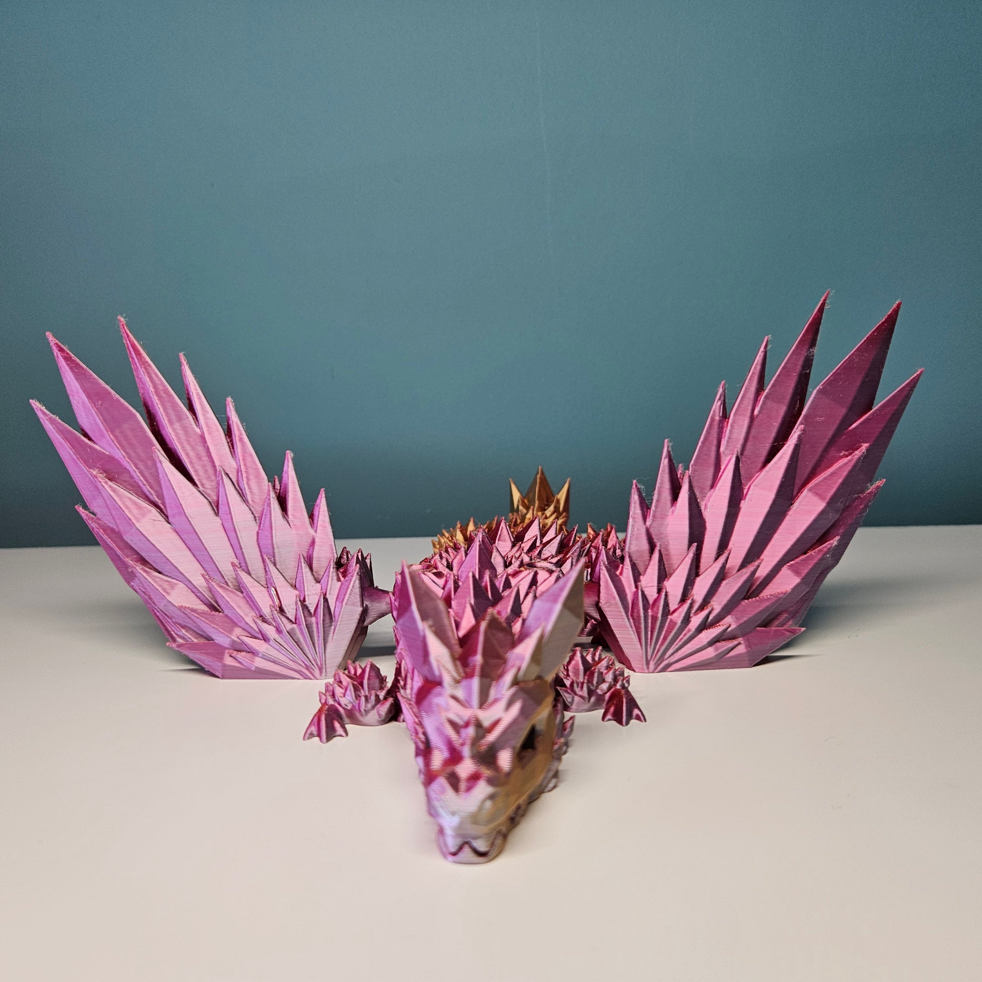 35cm (14") 3D Printed Winged Dragon in Pink, Gold & Orange by Flexymals.co.uk