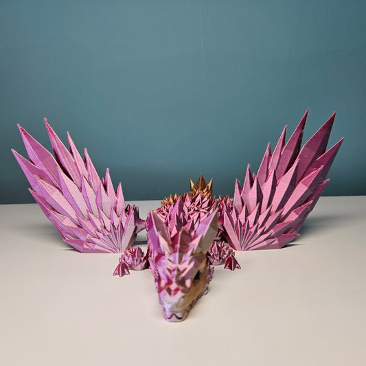 35cm (14") 3D Printed Winged Dragon in Pink, Gold & Orange by Flexymals.co.uk