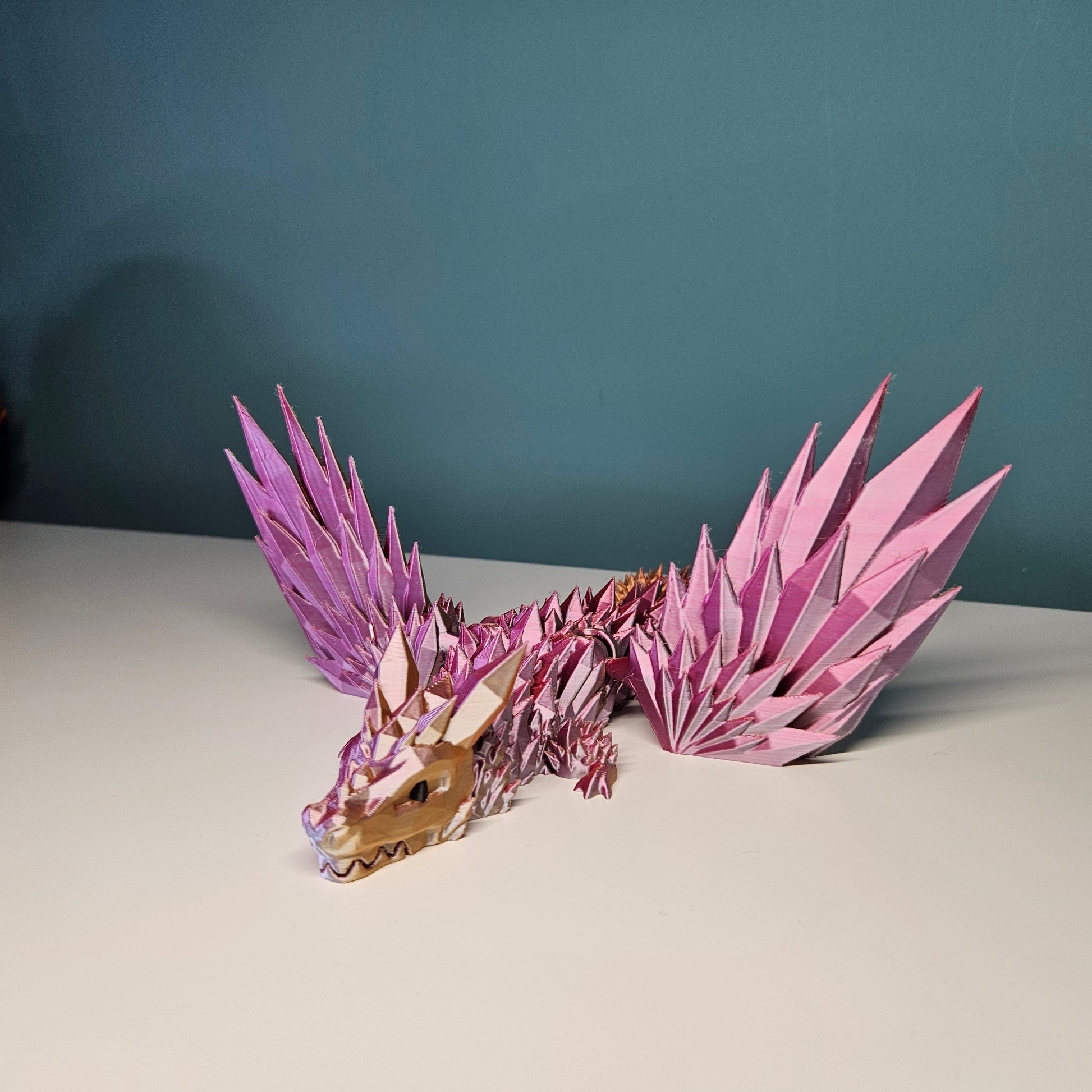 35cm (14") 3D Printed Winged Dragon in Pink, Gold & Orange by Flexymals.co.uk