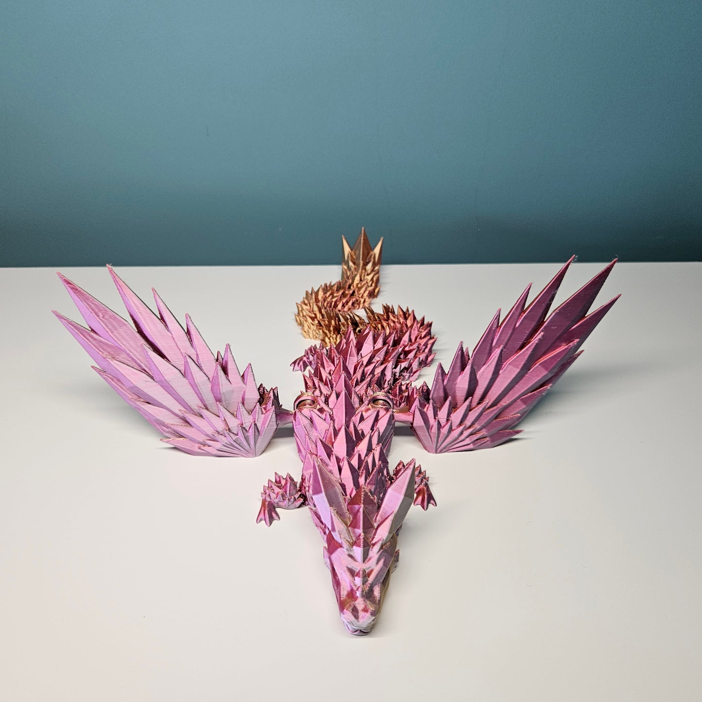 35cm (14") 3D Printed Winged Dragon in Pink, Gold & Orange by Flexymals.co.uk