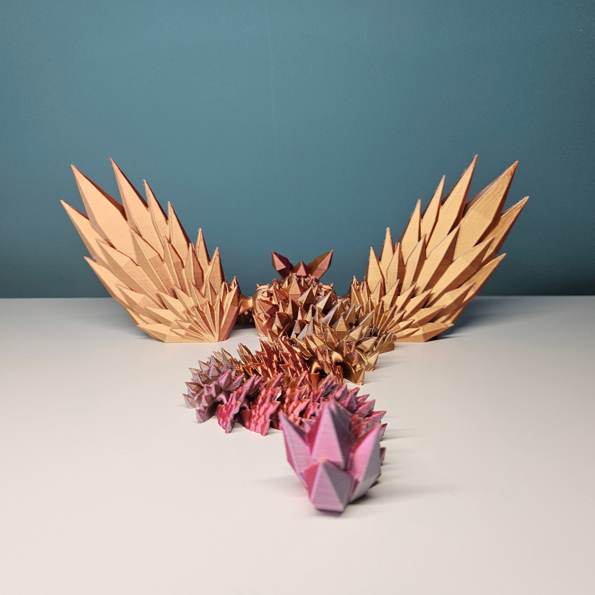 35cm (14") 3D Printed Winged Dragon in Pink, Gold & Orange by Flexymals.co.uk