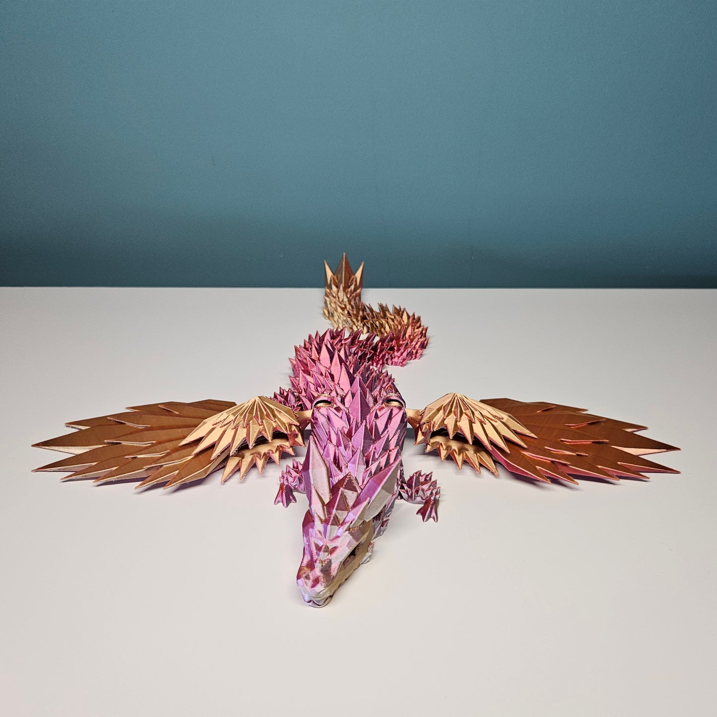 35cm (14") 3D Printed Winged Dragon in Pink, Gold & Orange by Flexymals.co.uk