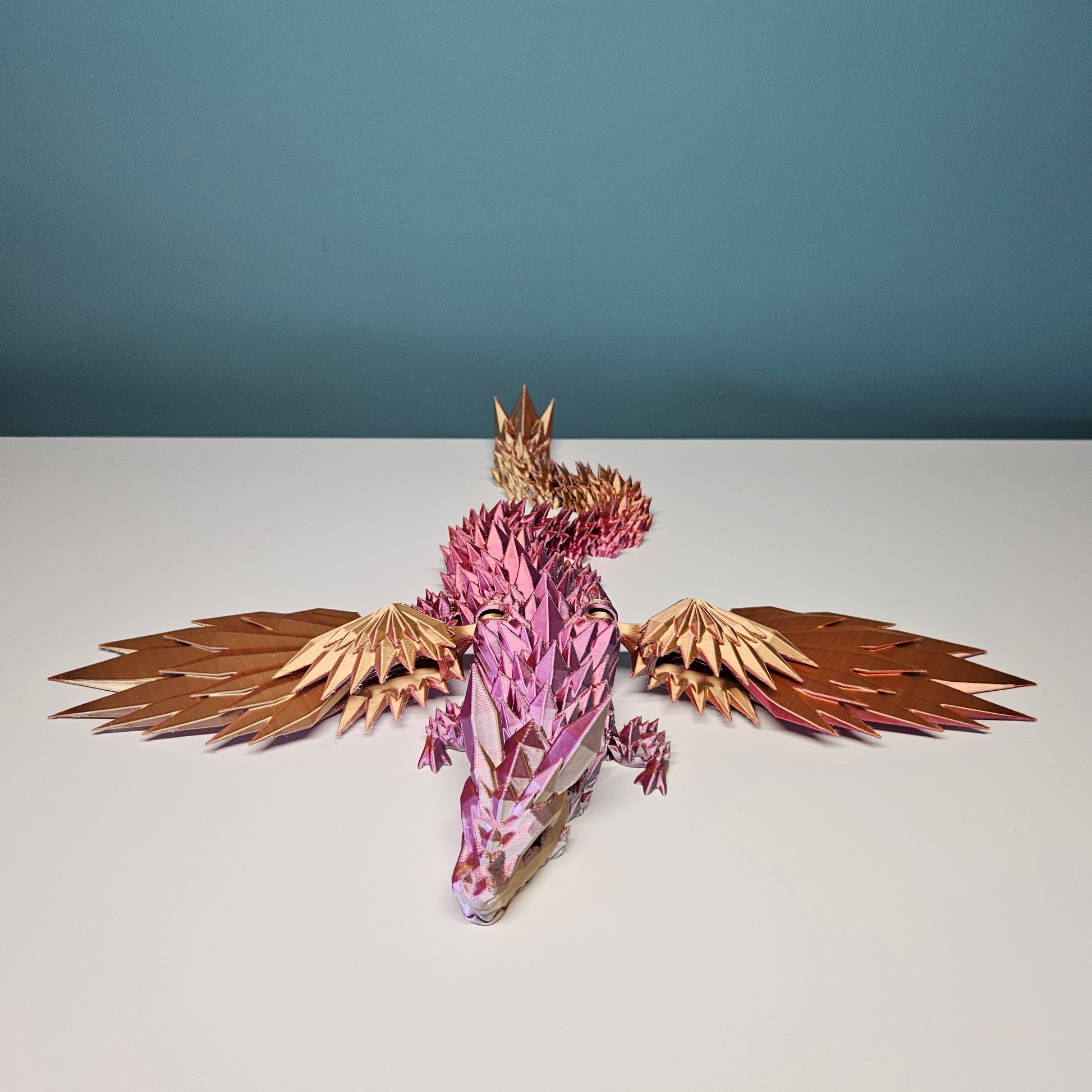35cm (14") 3D Printed Winged Dragon in Pink, Gold & Orange by Flexymals.co.uk