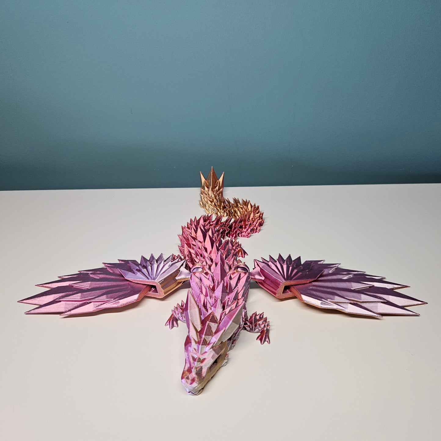 35cm (14") 3D Printed Winged Dragon in Pink, Gold & Orange by Flexymals.co.uk