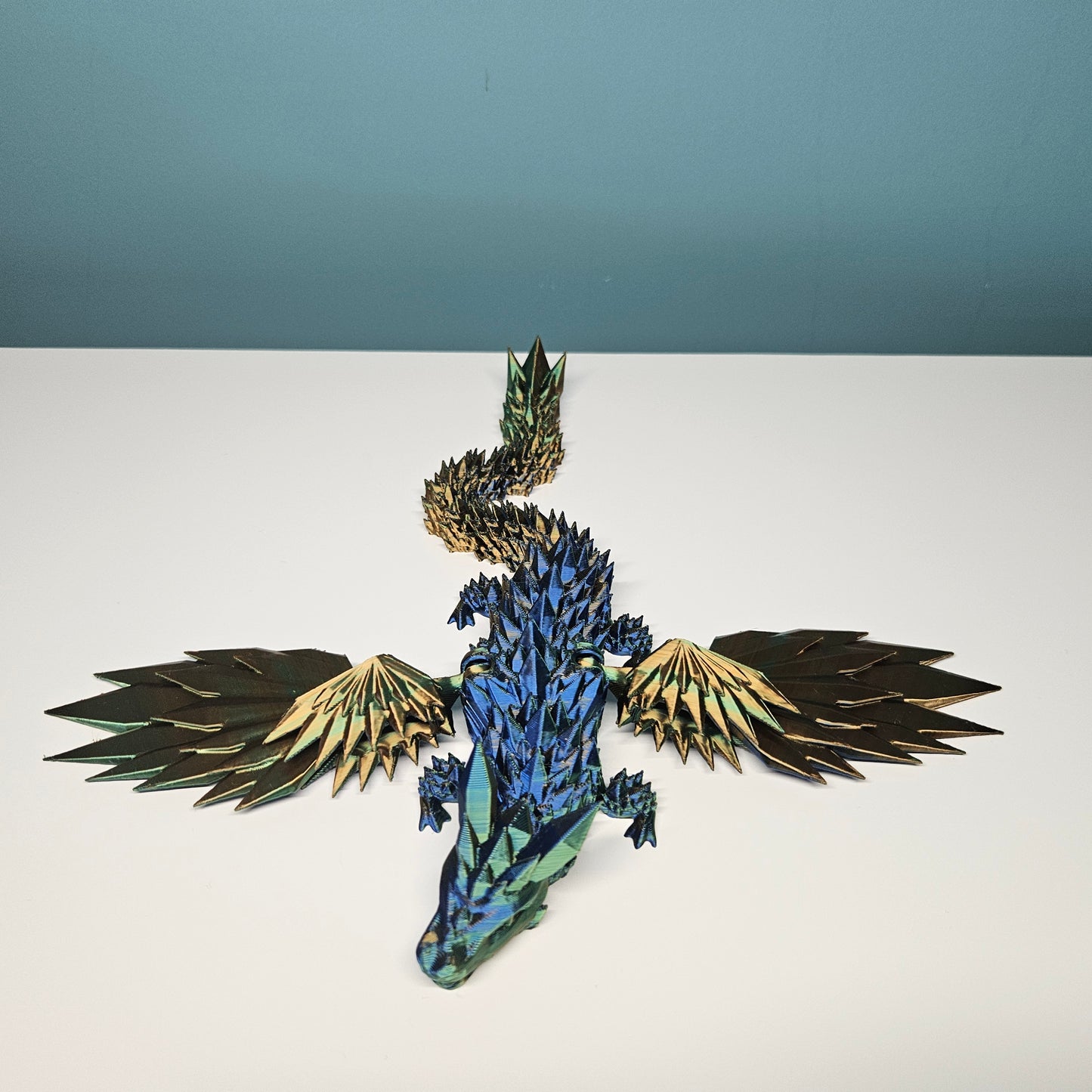 25cm Winged Flexible Crystal Dragon with Wings in Tri-Colour Green, Blue & Gold