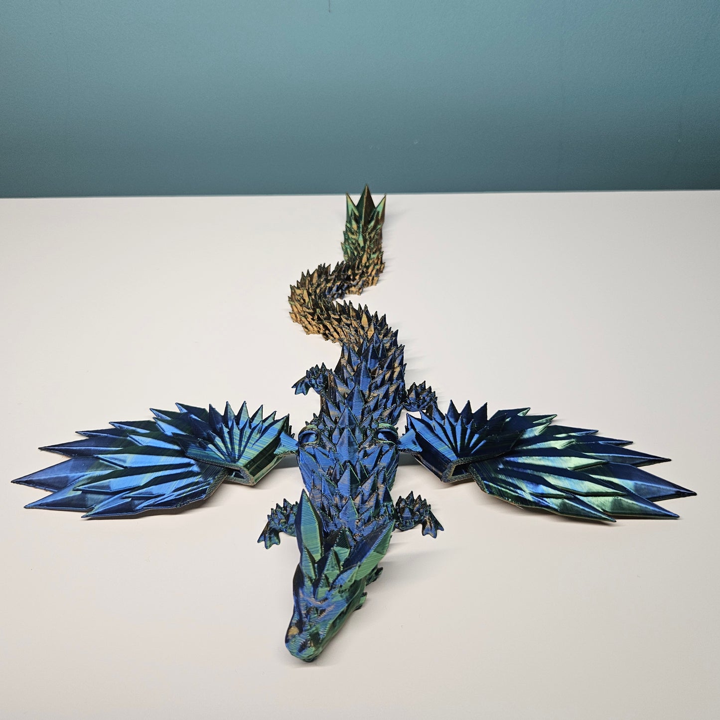 25cm Winged Flexible Crystal Dragon with Wings in Tri-Colour Green, Blue & Gold
