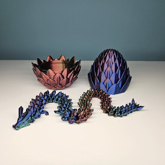 32cm 3D Printed Articulated Crystal Dragon & Egg in Red, Blue & Green by Flexymals.co.uk