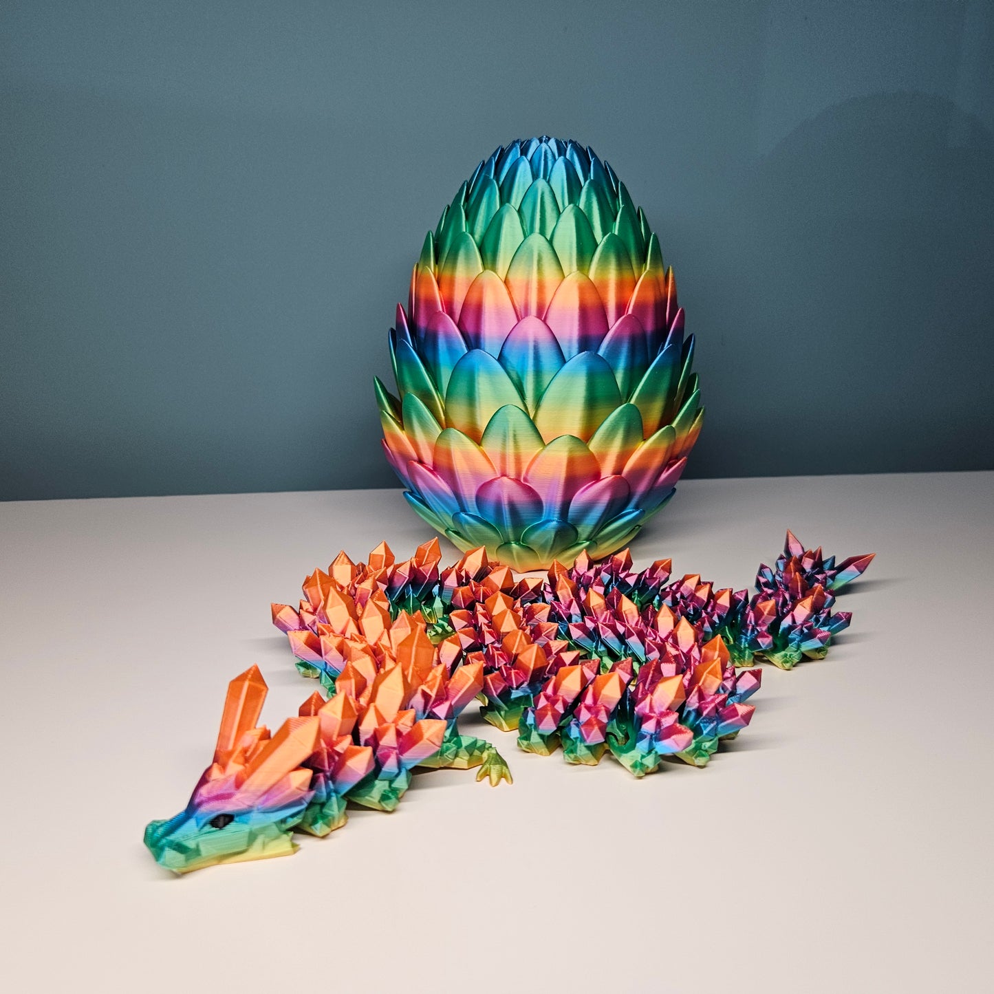 60cm 3D Printed Articulated Crystal Dragon & Egg in Rainbow by Flexymals.co.uk
