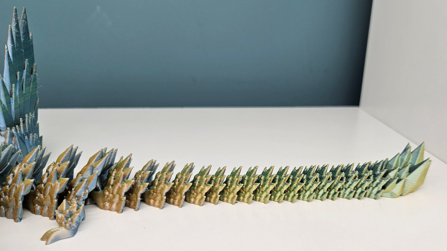 25cm 3D Printed Winged Articulated Dragon - In Gold, Green & Orange by Flexymals.co.uk