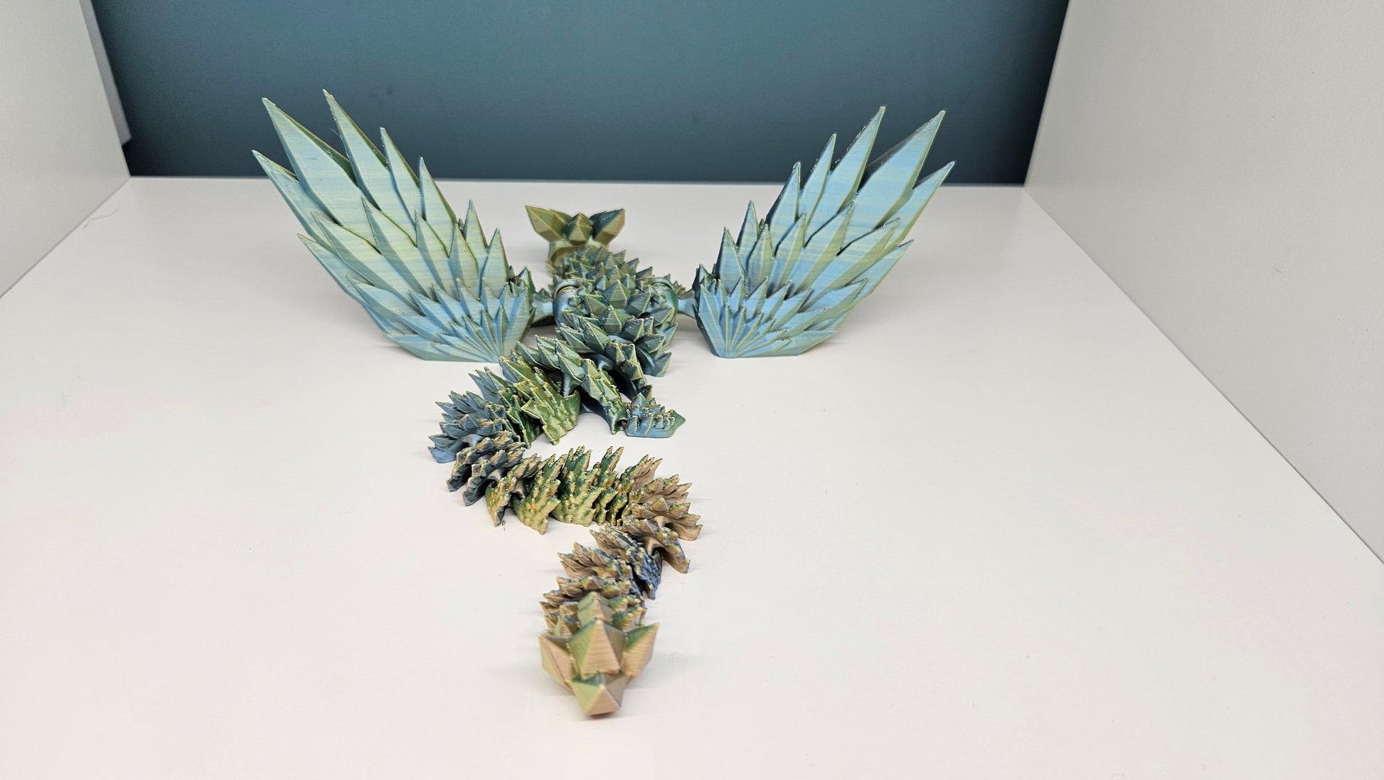 25cm 3D Printed Winged Articulated Dragon - In Gold, Green & Orange by Flexymals.co.uk