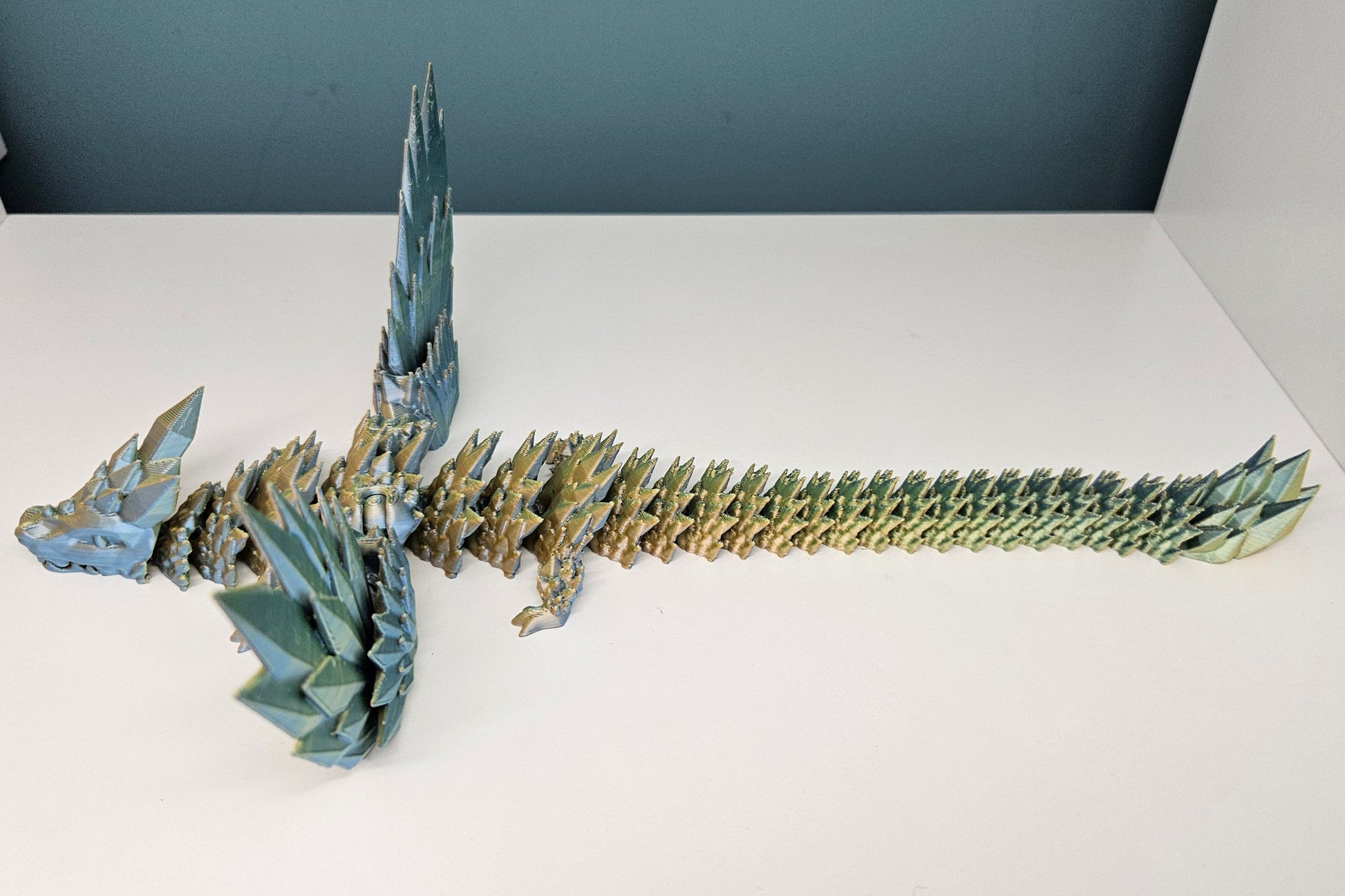 25cm 3D Printed Winged Articulated Dragon - In Gold, Green & Orange by Flexymals.co.uk