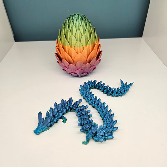 32cm 3D Printed Articulated Crystal Dragon & Egg in Rainbow by Flexymals.co.uk