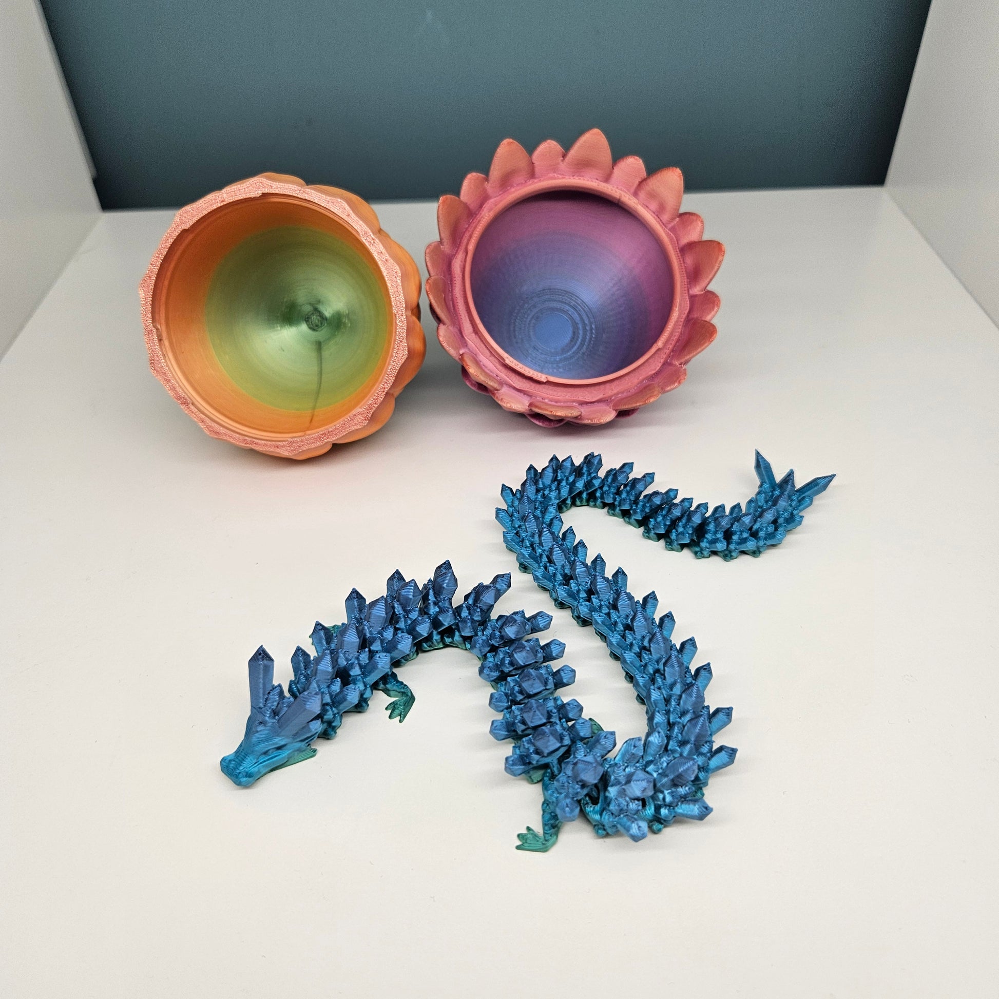32cm 3D Printed Articulated Crystal Dragon & Egg in Rainbow by Flexymals.co.uk