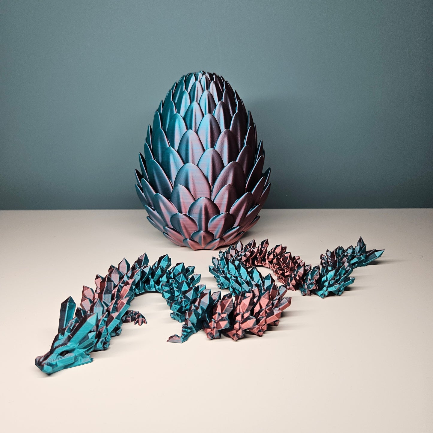 49cm 3D Printed Articulated Crystal Dragon & Egg in Teal & Red