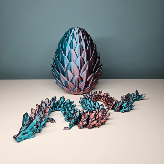 49cm 3D Printed Articulated Crystal Dragon & Egg in Teal & Red