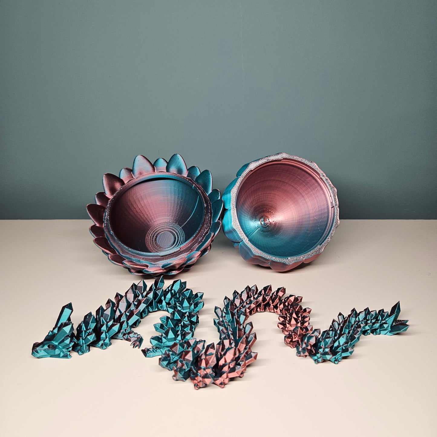 49cm 3D Printed Articulated Crystal Dragon & Egg in Teal & Red