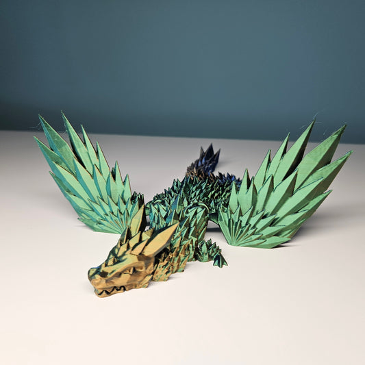 25cm (10") 3D Printed Winged Dragon in Blue, Green & Gold by Flexymals.co.uk