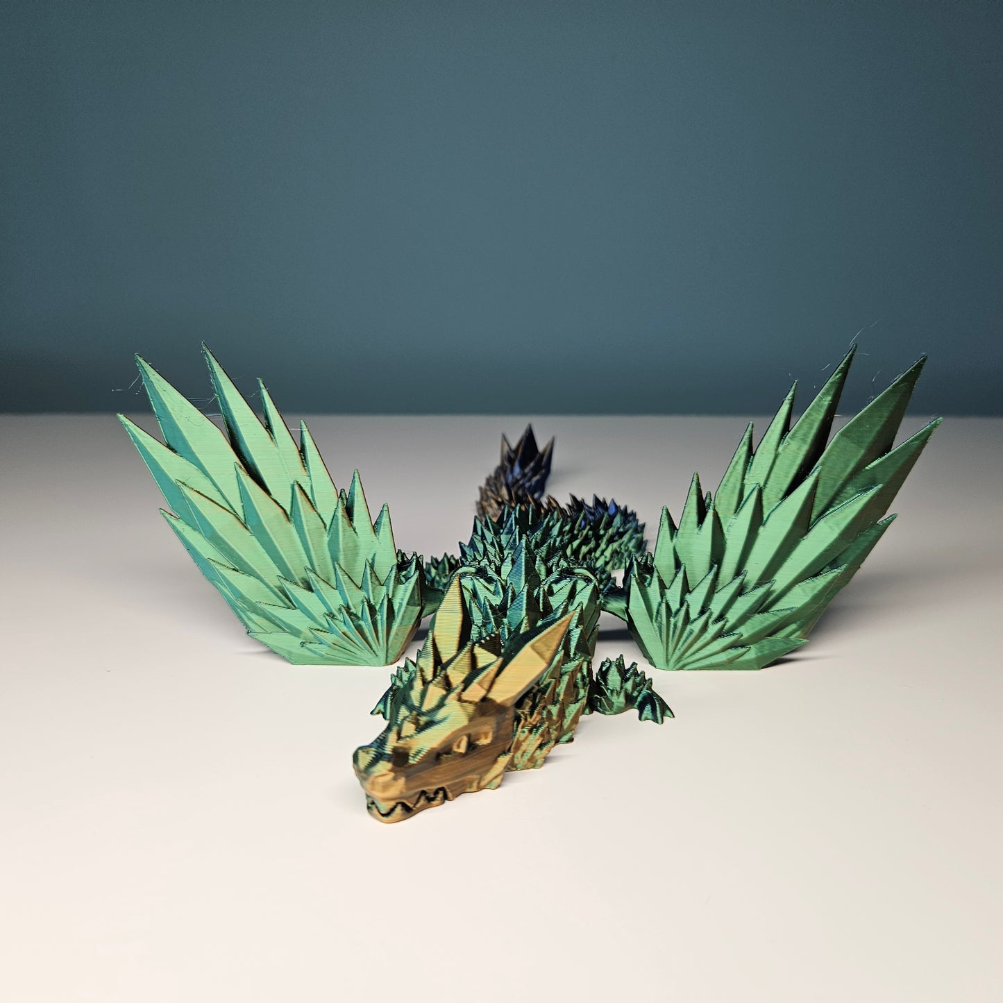 25cm (10") 3D Printed Winged Dragon in Blue, Green & Gold by Flexymals.co.uk