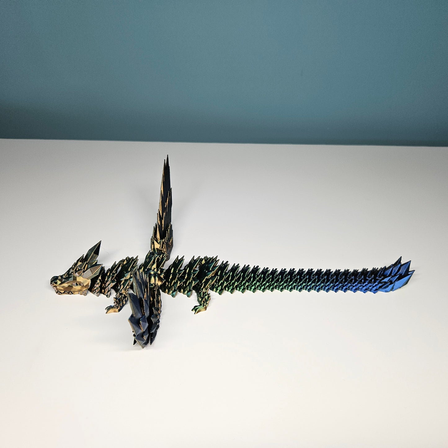 25cm (10") 3D Printed Winged Dragon in Blue, Green & Gold by Flexymals.co.uk