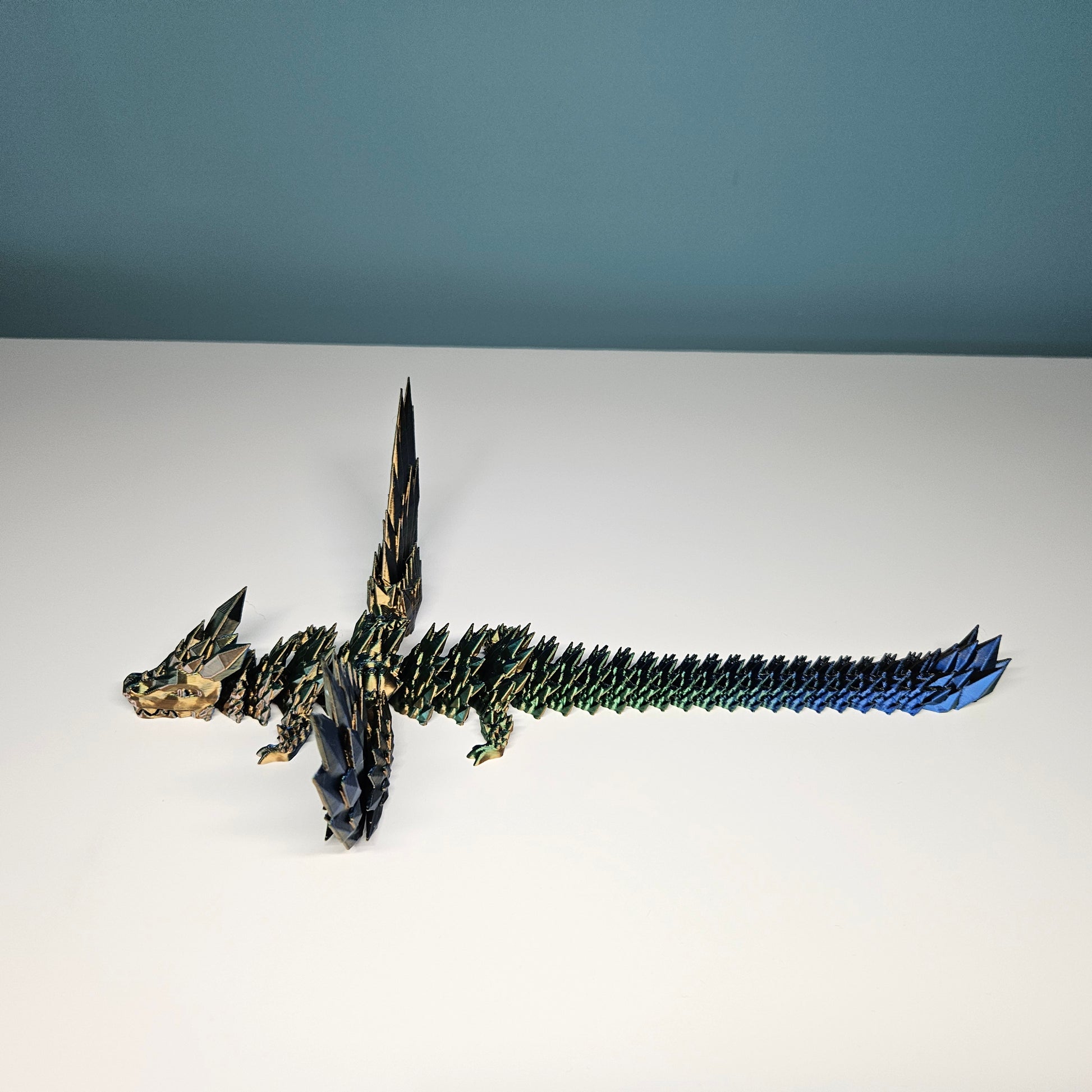 25cm (10") 3D Printed Winged Dragon in Blue, Green & Gold by Flexymals.co.uk