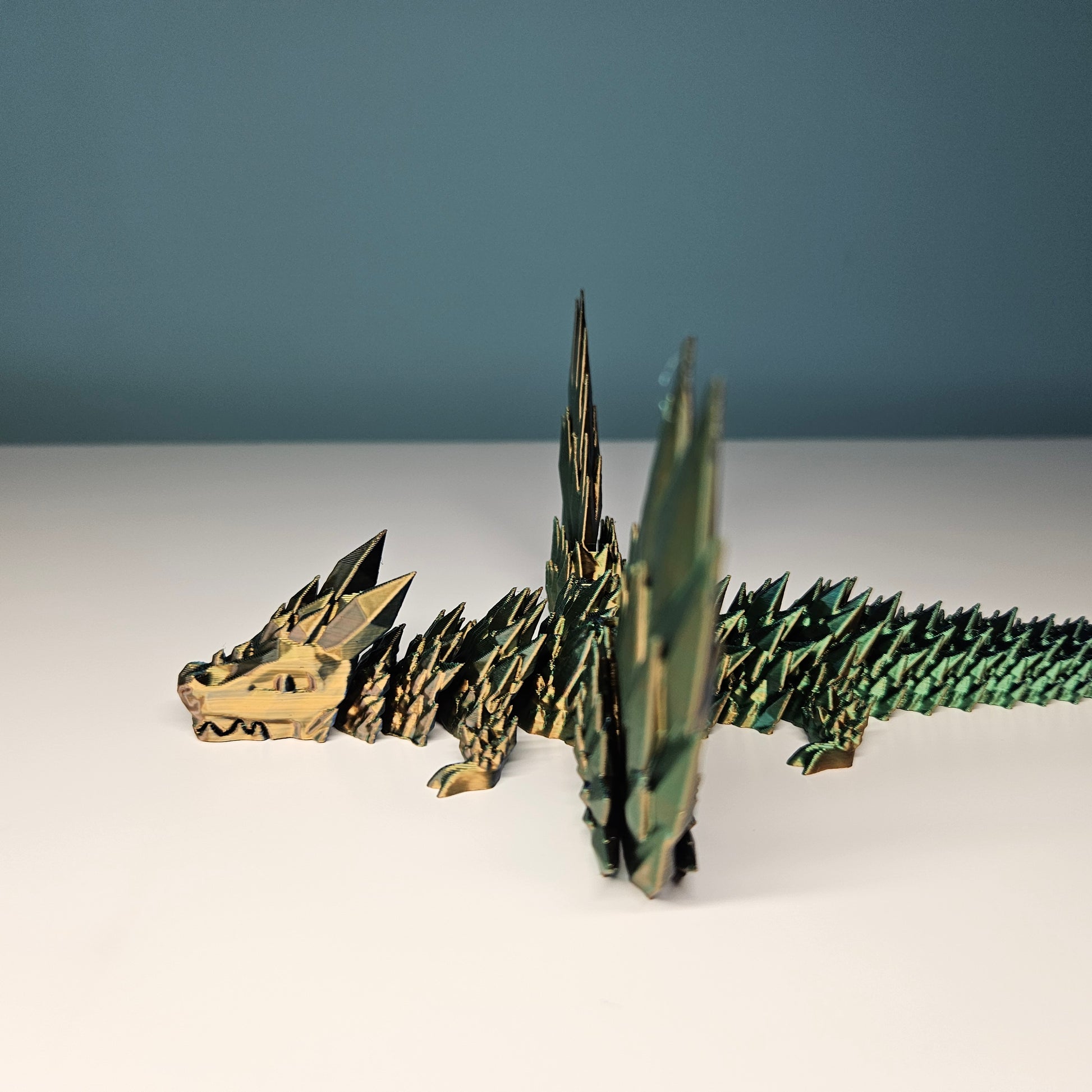 25cm (10") 3D Printed Winged Dragon in Blue, Green & Gold by Flexymals.co.uk