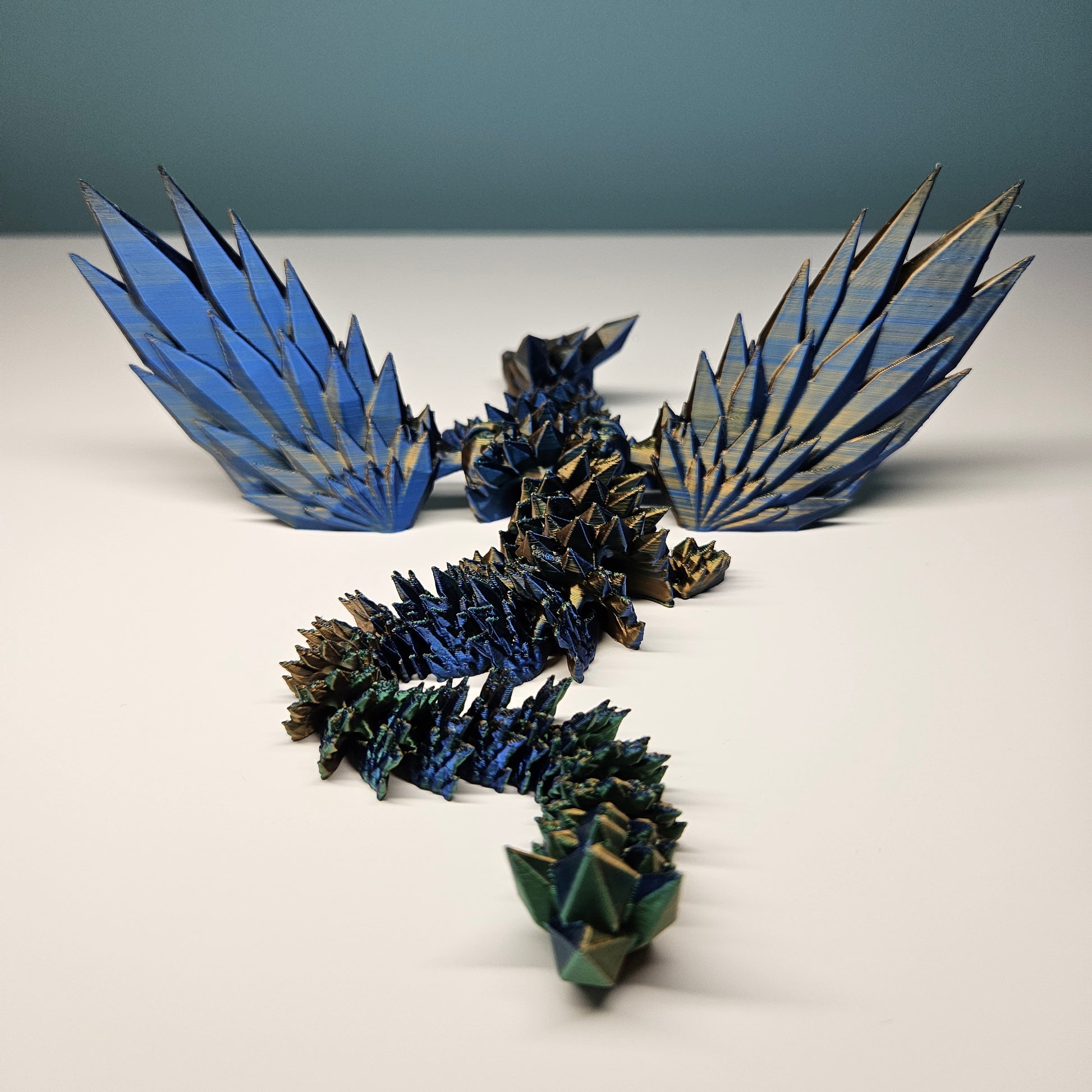 25cm (10") 3D Printed Winged Dragon in Blue, Green & Gold by Flexymals.co.uk