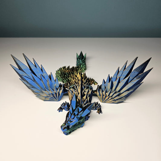 25cm 3D Printed Winged Articulated Dragon - In Gold, Blue & Green. Flexymals.co.uk