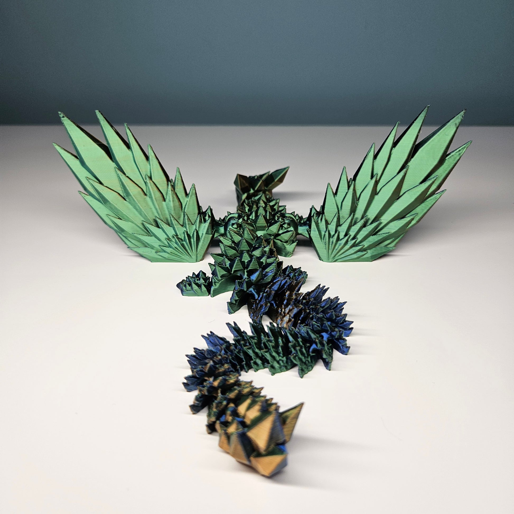 25cm 3D Printed Winged Articulated Dragon - In Gold, Blue & Green. Flexymals.co.uk