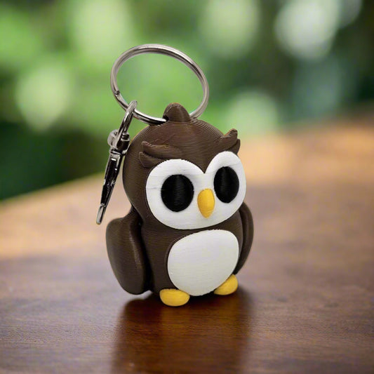 Flexible Owl Keyring / Key Chain in Brown and White. Articulated Fidget Animal