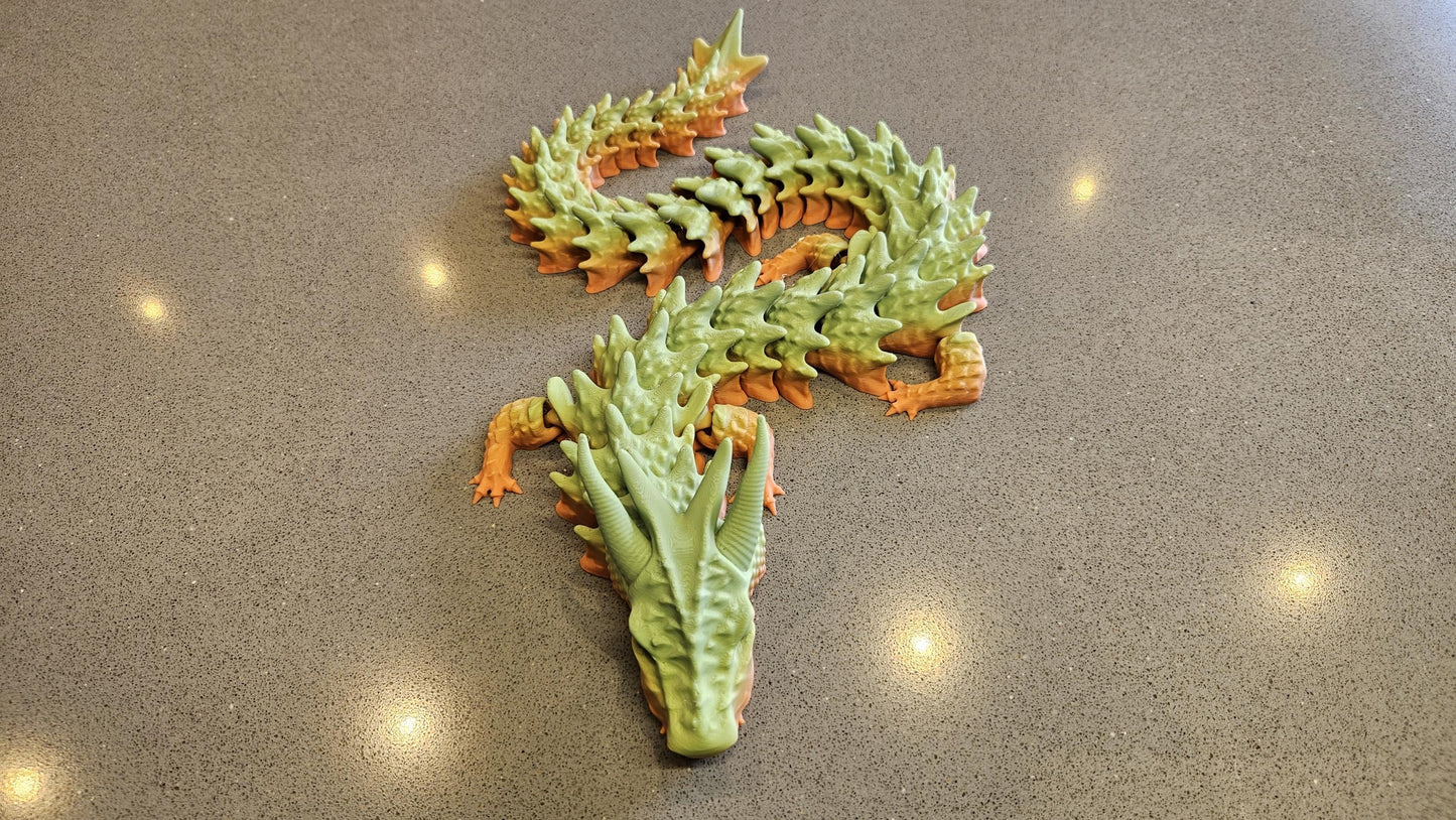 53cm Flexible Dragon in 2 Tone Orange & Green. Articulated Dragon