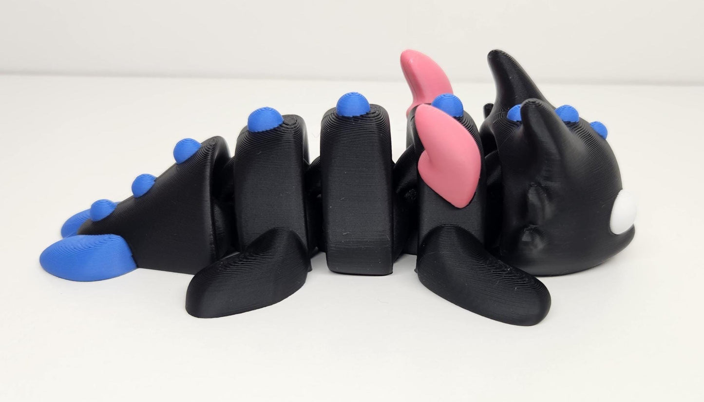 12cm Flexible Dragon with Wings in Black, Pink & Blue. Articulated Fidget Animal