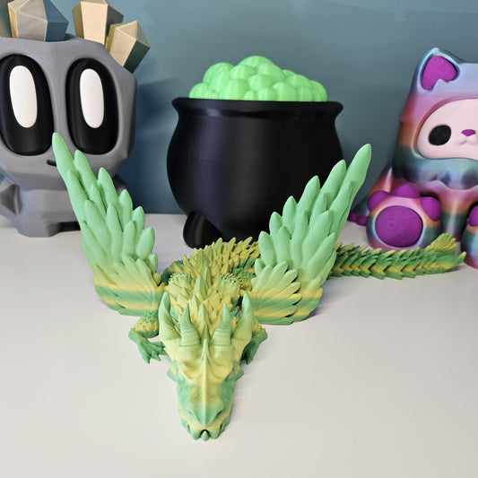 40cms Flexible Winged Dragon in 2 tone Green and Yellow. Articulated Dragon