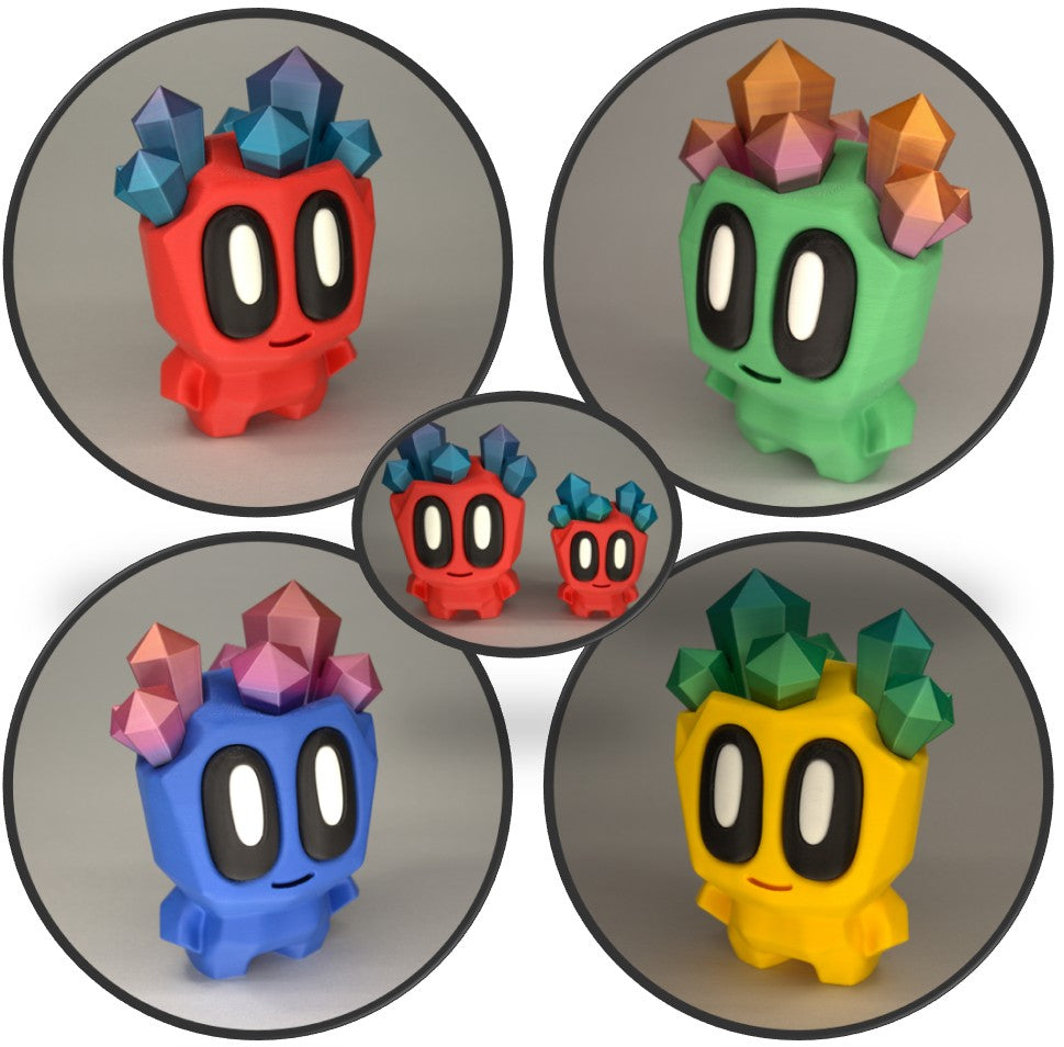 Collage of rock pal figures with crystals on head in primary colours.