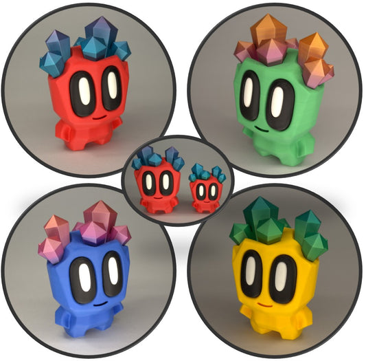 Collage of rock pal figures with crystals on head in primary colours.